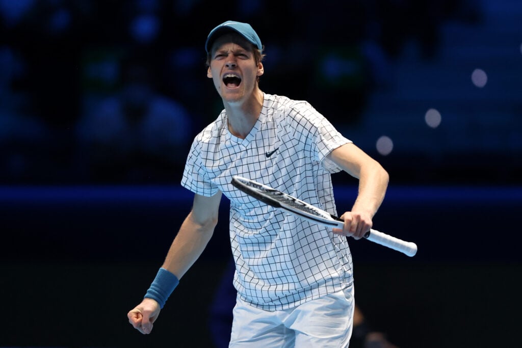 Jannik Sinner of Italy celebrates winning a point in the 2nd set tie break during his singles match against Daniil Medvedev of Russia during Day Five of the Nitto ATP World Tour Finals at Pala Alpitour on November 18, 2021 in Turin, Italy.