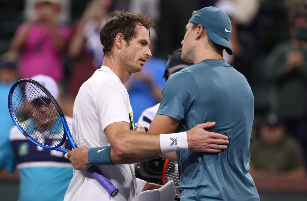 Jack Draper of Great Britain is congratulated by Andy Murray of Great Britain after their match during the BNP Paribas Open on March 13, 2023 in Indian Wells, California.
