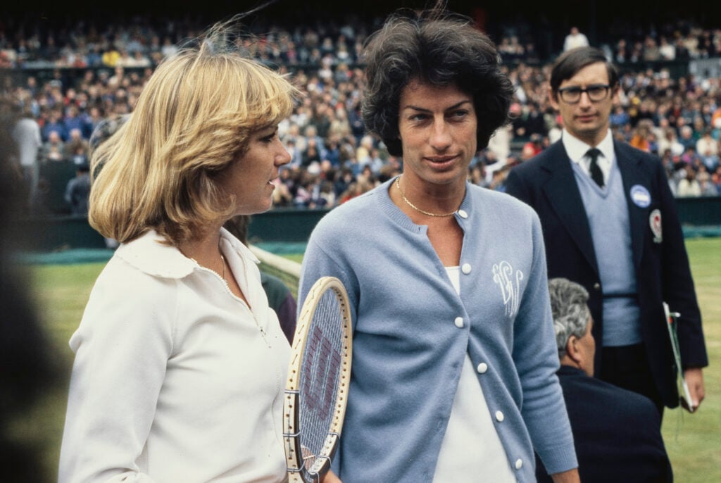 American tennis player Chris Evert, left, with Virginia Wade ahead of their Women's Singles Semi Final at Wimbledon, All England Lawn Tennis Club, London, July 1978.