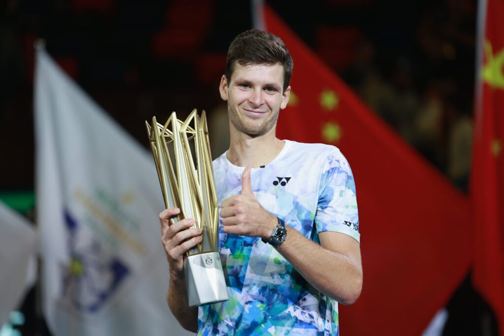 Hubert Hurkacz of Poland poses with the winner's trophy after defeating Andrey Rublev of Russia during the Men's singles final match on Day 14 of the 2023 Shanghai Rolex Masters.