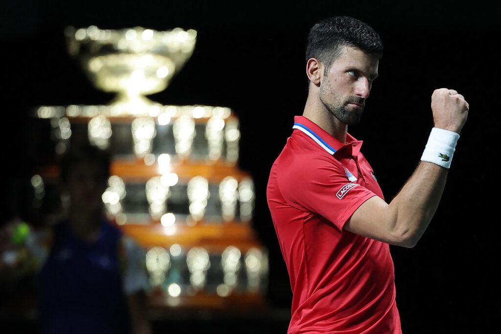 Serbia's Novak Djokovic celebrates beating Britain's Cameron Norrie during the second men's doubles quarter-final tennis match between Serbia and Great Britain of the Davis Cup tennis tournament at the Martin Carpena sportshall, in Malaga on November 23, 2023.