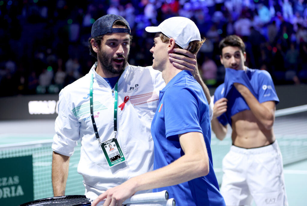 Jannik Sinner celebrates with Matteo Berrettini of Italy after victor during the Semi-Final doubles match against Miomir Kecmanovic and Novak Djokovic of Serbia in the Davis Cup Final at Palacio de Deportes Jose Maria Martin Carpena on November 25, 2023 in Malaga, Spain.
