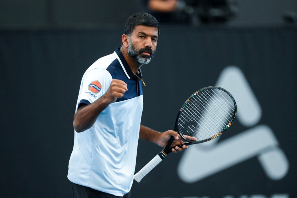 Rohan Bopanna of India celp during their match against Rajeev Ram of the USA and Joe Salisbury of Great Britain in the 2024 Adelaide International at Memorial Drive on January 13, 2024 in Adelaide, Australia.