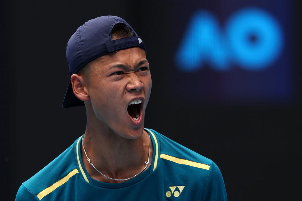 Rei Sakamoto of Japan celebrates winning a point in their Junior Boys Singles Final match against Jan Kumstat of the Czech Republic during the 2024 Australian Open Junior Championships at Melbourne Park on January 27, 2024 in Melbourne, Australia.
