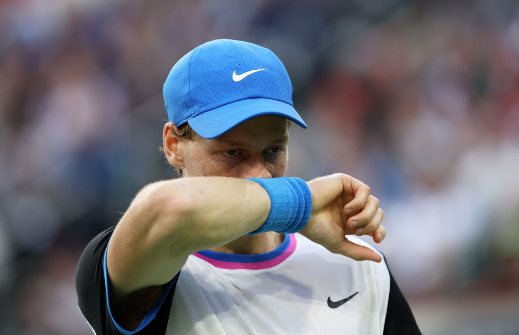 Jannik Sinner of Italy shows his dejection against Carlos Alcaraz of Spain in their Mens Semifinal match during the BNP Paribas Open at Indian Wells Tennis Garden on March 16, 2024 in Indian Wells, California.