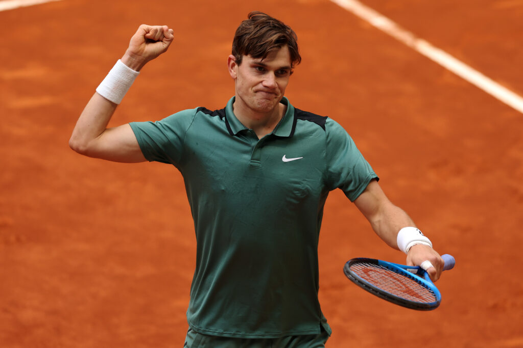 Jack Draper of of Great Britain celebrates winning his match against Thanasi Kokkinakis of Australia on Day Two of the Mutua Madrid Open at La Caja Magica on April 24, 2024 in Madrid, Spain.