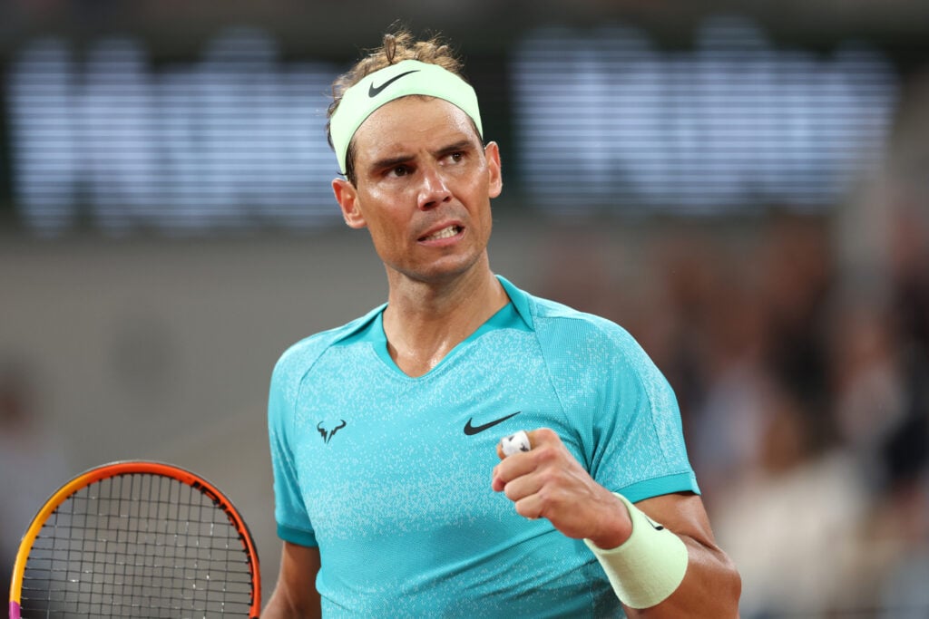 Rafael Nadal of Spain celebrates a point against Alexander Zverev of Germany in the Men's Singles first round match on Day Two of the 2024 French Open.
