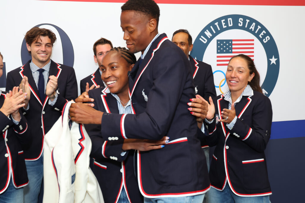 U.S. Olympians Danielle Collins, Taylor Harry Fritz, Austin Krajicek, Coco Gauff, Christopher Eubanks, Rajeev Ram and Jessica Pegula celebrate the announcement of Coco Gauff as the US Flag Bearer at the Team USA Welcome Experience ahead of Paris 2024.