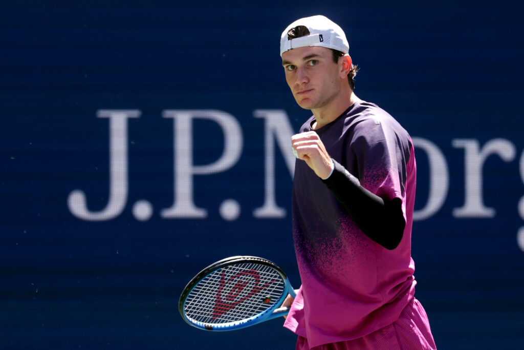 Jack Draper of Great Britain reactst against Tomas Machac of Czech Republic during their Men's Singles Fourth Round match on Day Eight of the 2024 US Open at USTA Billie Jean King National Tennis Center on September 02, 2024 in the Flushing neighborhood of the Queens borough of New York City.