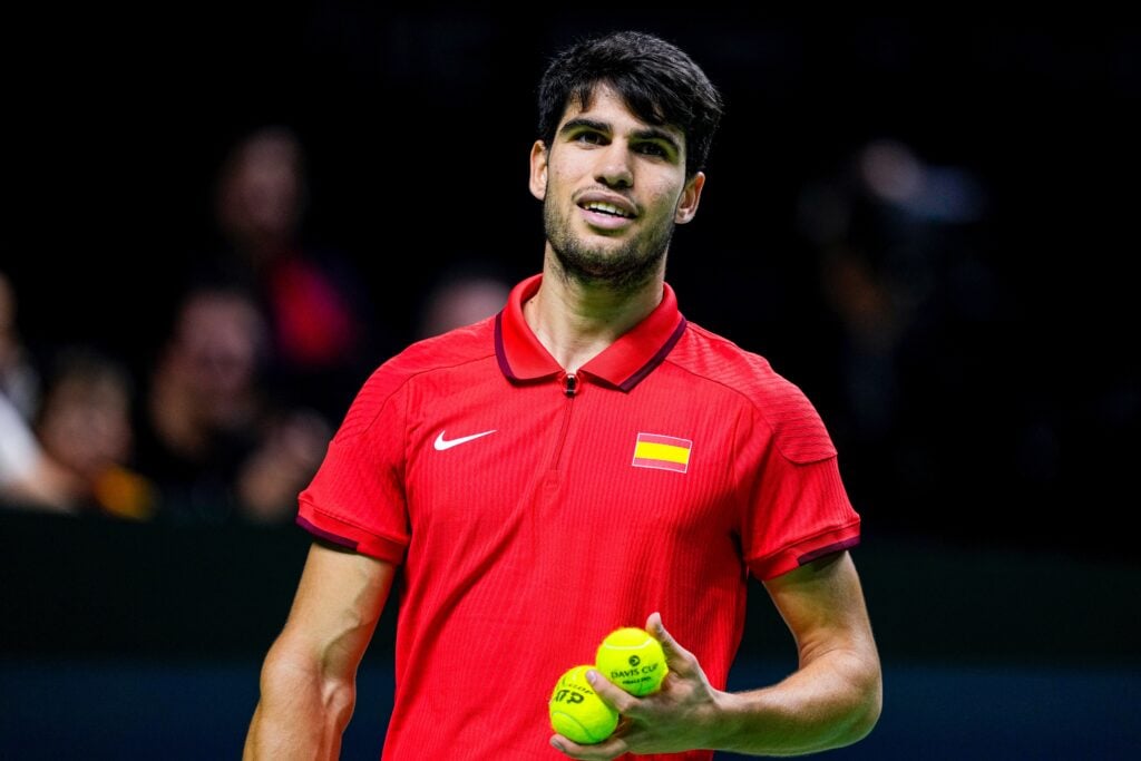 Carlos Alcaraz of Spain reacts against Tallon Griekspoor of Netherland during the Davis Cup 2024 tennis match played between Spain and Netherlands at Martin Carpena Pavilion on November 19, 2024, in Malaga, Spain.