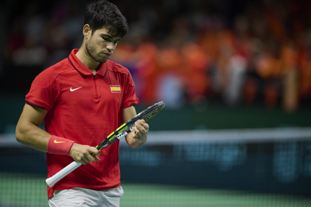 Carlos Alcaraz of Spain team in action against Tallon Griekspoor of Netherlands team during the Quarter finals Davis Cup Final.