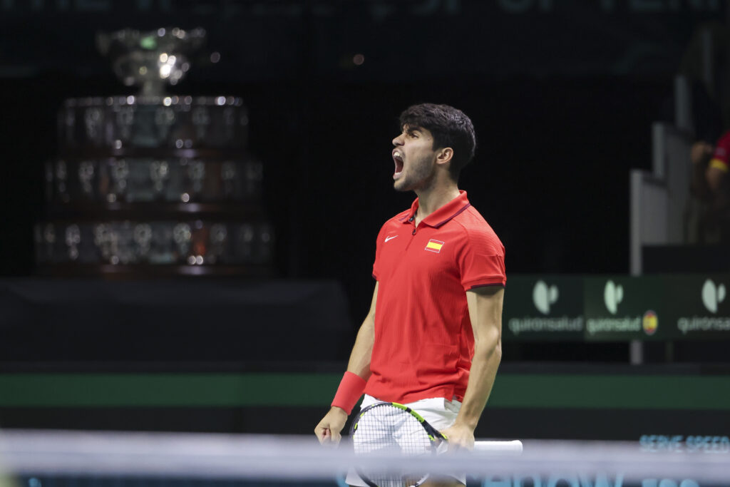 Carlos Alcaraz roars whilst playing for Spain at the Davis Cup