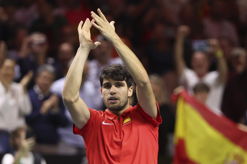 Carlos Alcaraz of Spain celebrates his victory against Tallon Griekspoor of Netherlands during the Davis Cup Finals quarterfinal tie between Netherlands and Spain at Palacio de Deportes Jose Maria Martin Carpena on November 19, 2024 in Malaga, Spain.