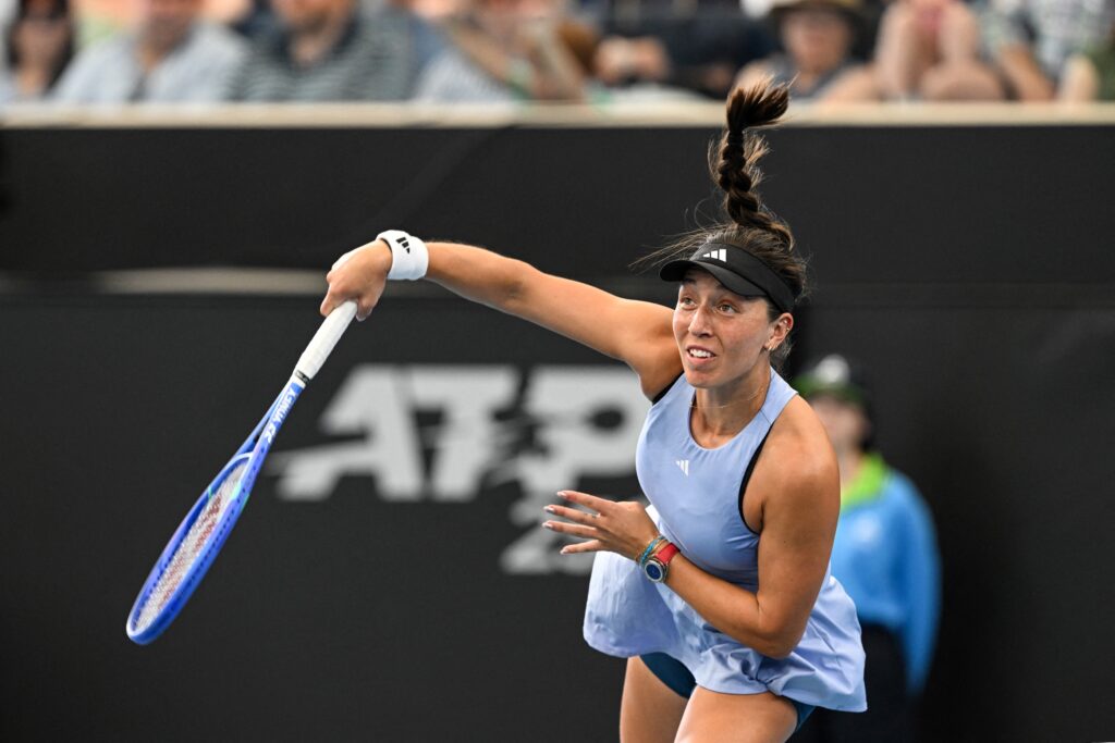 USA's Jessica Pegula serves during her women's singles final match against her counterpart Madison Keys at the Adelaide International tennis tournament in Adelaide on January 11, 2025.