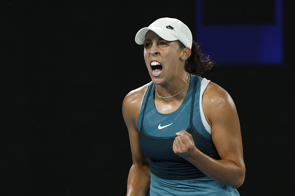 Madison Keys of the United States celebrates a point against Aryna Sabalenka in the Women's Singles Final during day 14 of the 2025 Australian Open at Melbourne Park on January 25, 2025 in Melbourne, Australia.