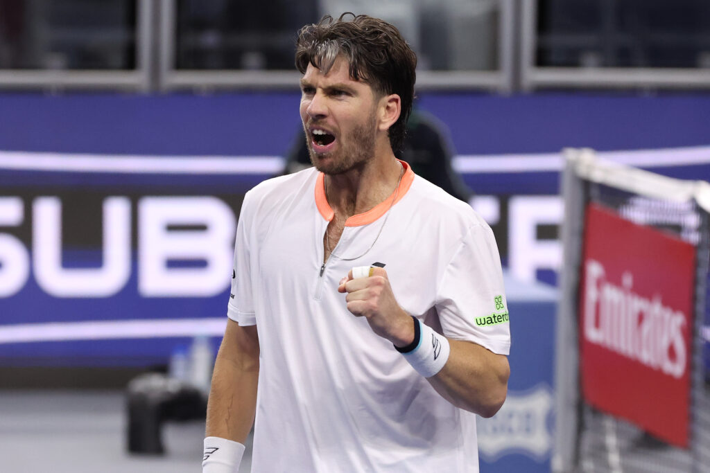 Cameron Norrie of Great Britain reacts after winning a point against Alex Michelsen of the United States during the Men's Singles Round of 32 match during day two of the 2025 Dallas Open at The Ford Center at The Star on February 04, 2025 in Frisco, Texas.