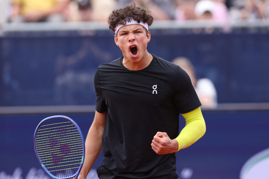 Ben Shelton of USA celebrates after winning his round of 16 Match against Botic van de Zandschulp of the Netherlands on day five of the BMW Open at MTTC IPHITOS on April 16, 2025 in Munich, Germany.
