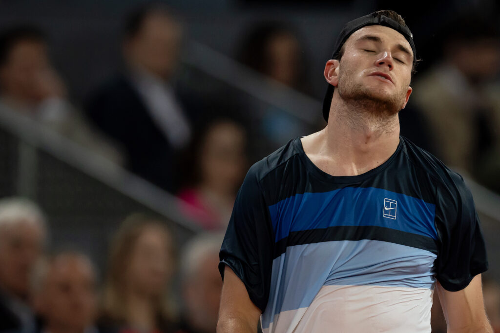 Jack Draper of England disappointed during the match against Lorenzo Musetti of Italy during the Mutua Madrid Open Day Eleven at the La Caja Magica on May 2, 2025 in Madrid Spain.