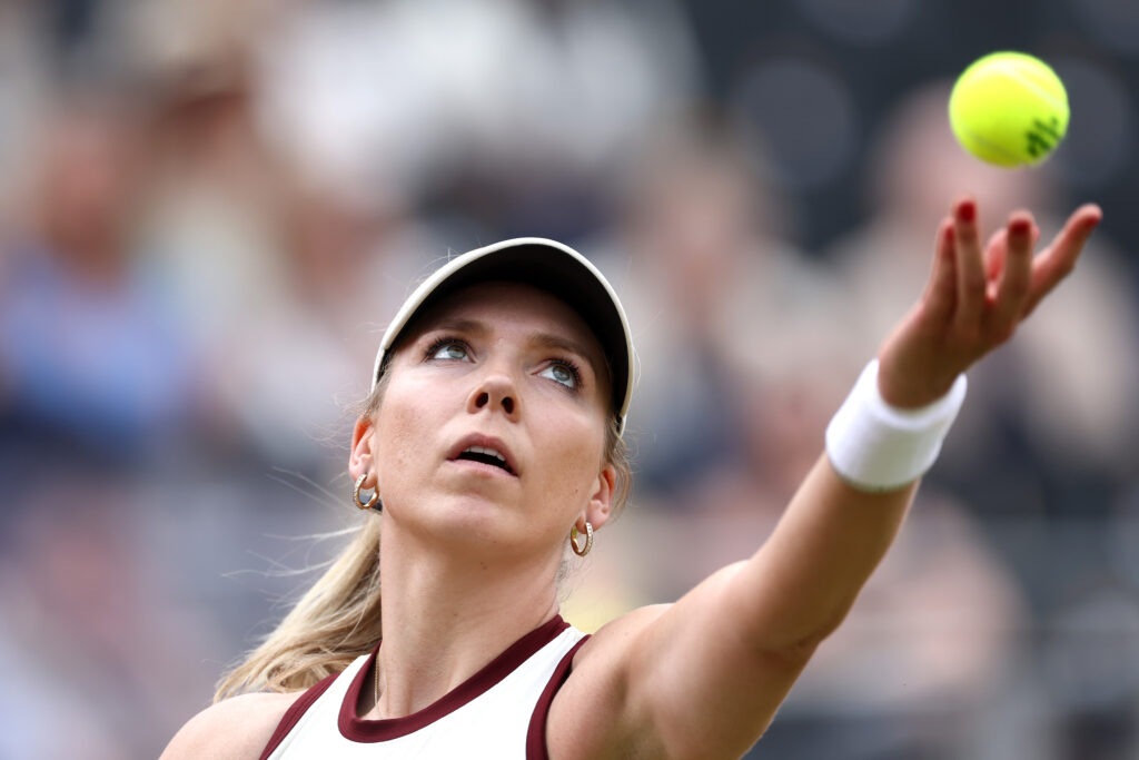 Katie Boulter of Great Britain prepares to serve against Diana Shnaider during the Women's Singles Second Round match on Day Four of the 2025 HSBC Championships at The Queen's Club.