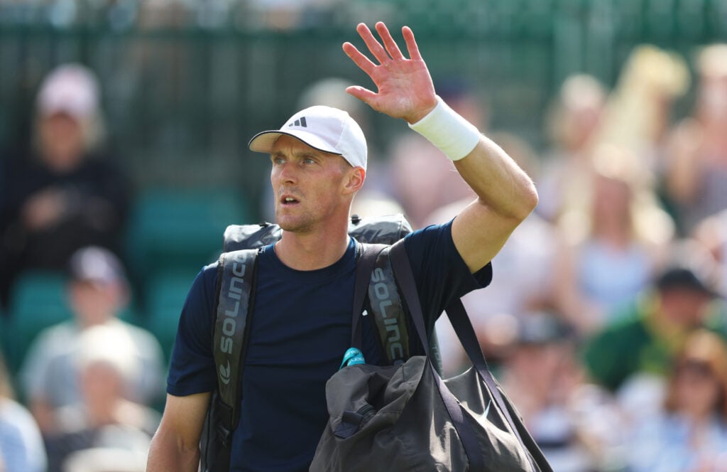 Jan Choinski of Great Britain reacts after he wins his match against Alibek Kachmazov during the Lexus Nottingham Open at Lexus Nottingham Tennis Centre on June 15, 2025 in Nottingham, England.