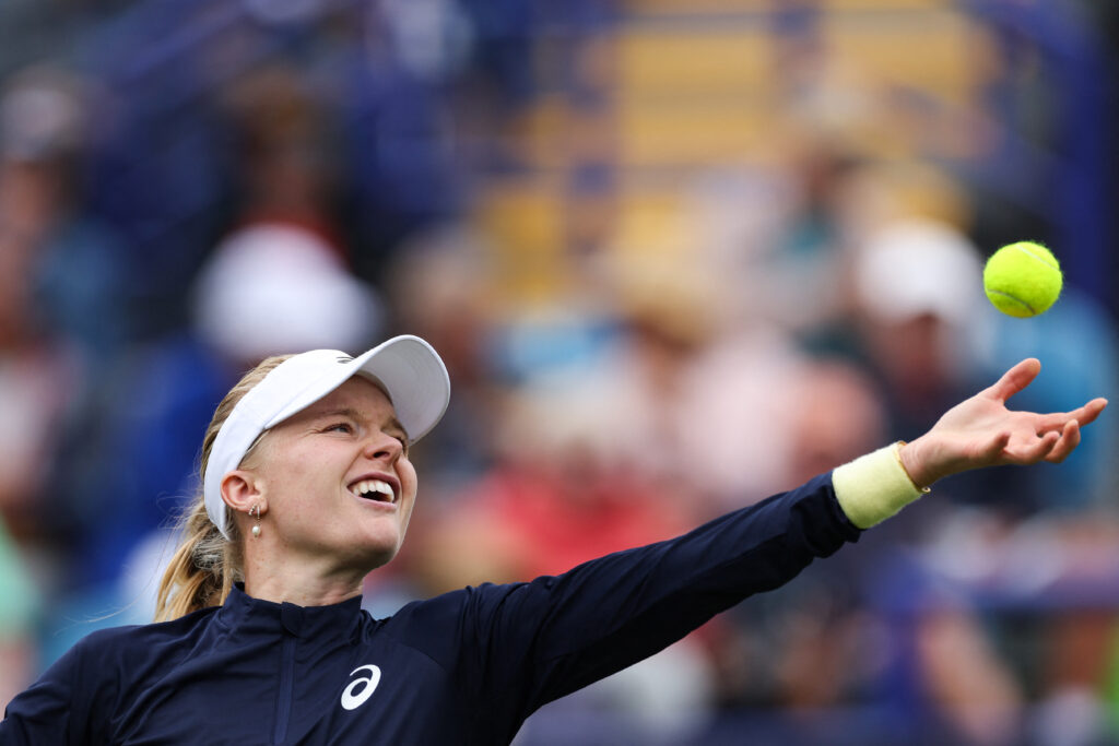 Britain's Harriet Dart serves to Czech Republic's Barbora Krejcikova during their women's singles tennis match on day two at the Lexus Eastbourne International tennis tournament in Eastbourne, southern England, on June 24, 2025.