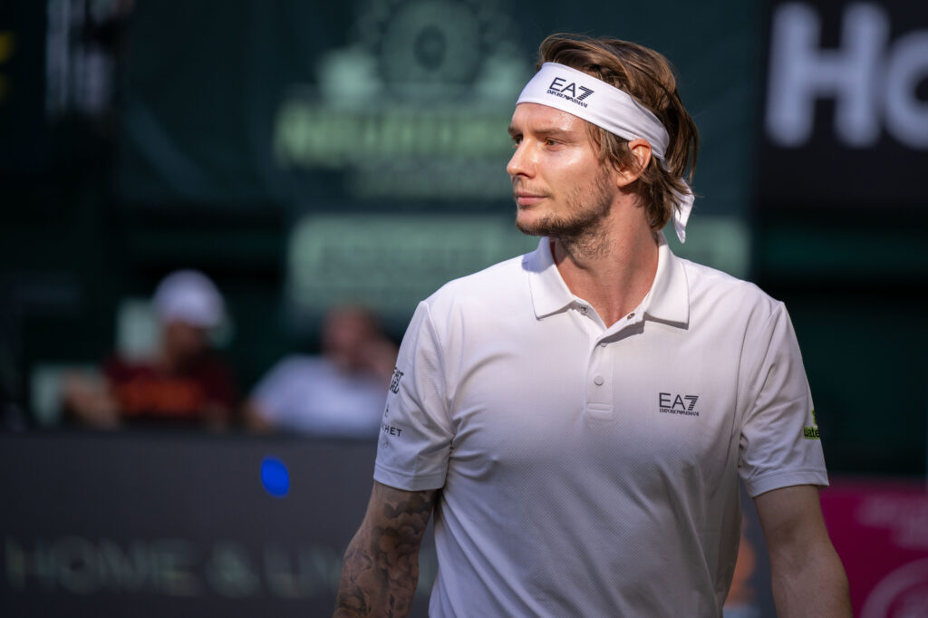 Alexander Bublik of Kazakhstan looks on in his half final match against Karen Khachanov of Russia during day eight of the Terra Wortmann Open 2025 at OWL-Arena on June 21, 2025 in Halle, Germany.