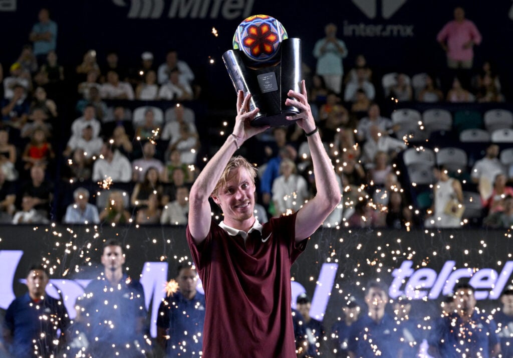 Canada's Denis Shapovalov celebrates with his trophy after defeating US' Aleksandar Kovacevic during the Mexico ATP Open men's singles tennis final match at the Cabo Sports Complex in Los Cabos.