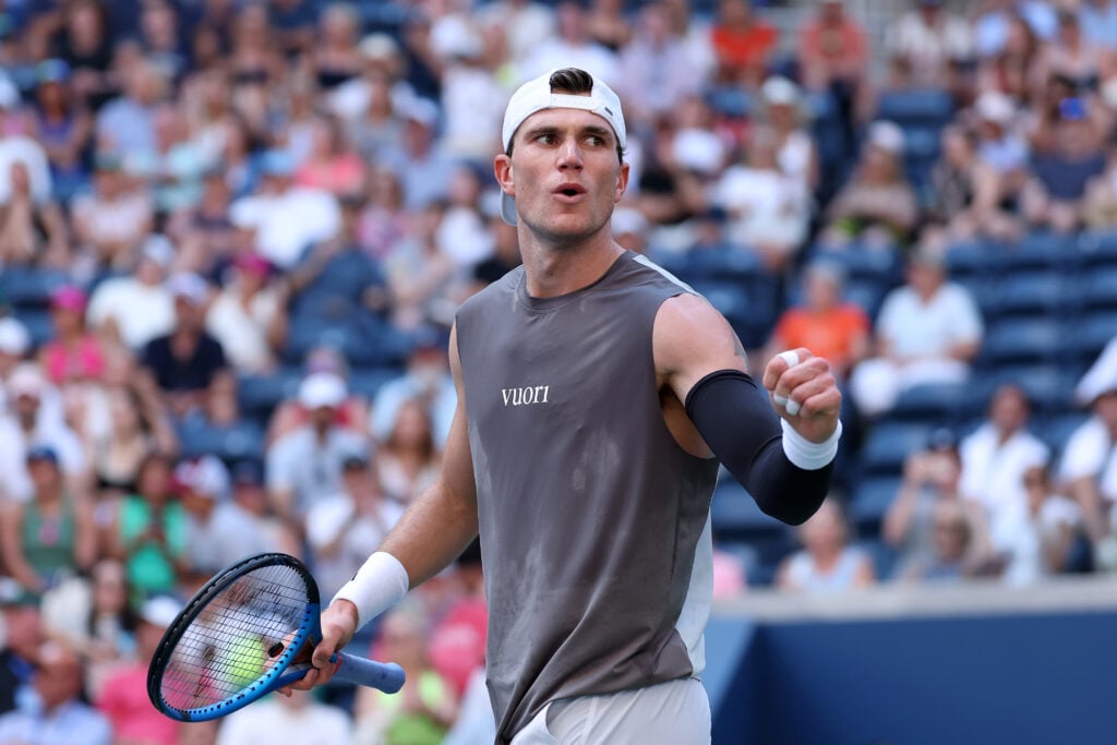 Jack Draper of the United Kingdom reacts against Federico Agustin Gomez of Argentina during their Men's Singles First Round match on Day Two of the 2025 US Open at USTA Billie Jean King National Tennis Center on August 25, 2025 in the Flushing neighborhood of the Queens borough of New York City.
