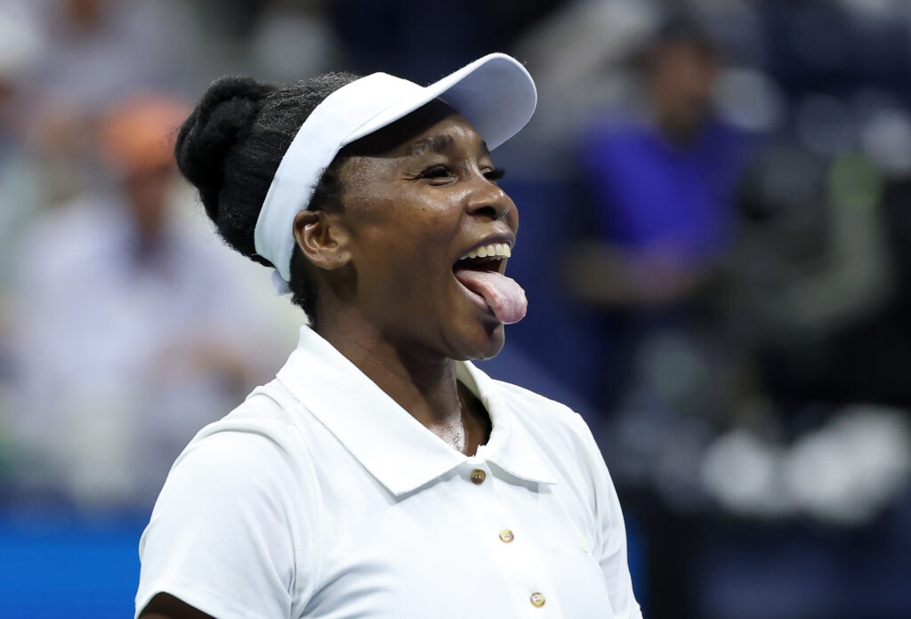 Venus Williams of the United States reacts after winning the second set against Karolina Muchova of Czech Republic during their Women's Singles First Round match on Day Two of the 2025 US Open.