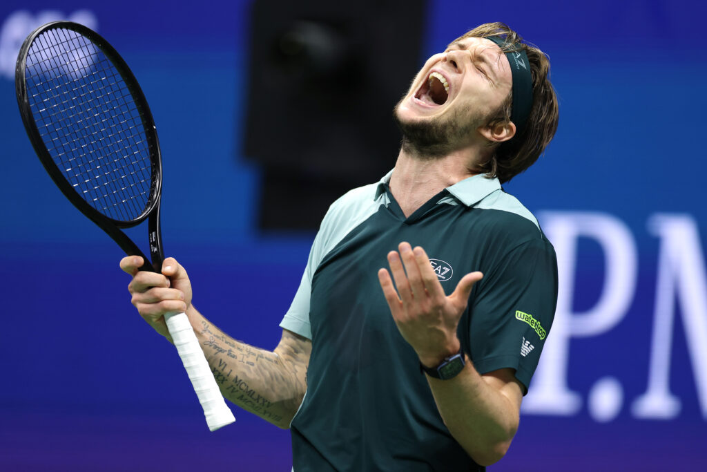 Alexander Bublik of Kazakhstan reacts against Tommy Paul of the United States during their Men's Singles Third Round match on Day Seven of the 2025 US Open at USTA Billie Jean King National Tennis Center on August 30, 2025 in the Flushing neighborhood of the Queens borough of New York City.