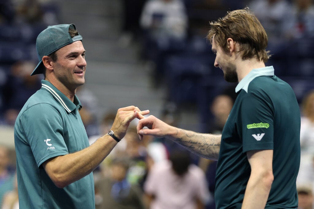 Tommy Paul of the United States (L) greets Alexander Bublik of Kazakhstan following their Men's Singles Third Round match on Day Seven of the 2025 US Open