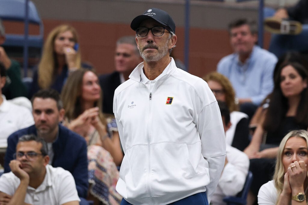 Coach of Jannik Sinner, Darren Cahill, looks on against Carlos Alcaraz of Spain during their Men's Singles Final match on Day Fifteen of the 2025 US Open at USTA Billie Jean King National Tennis Center on September 07, 2025 in New York City.