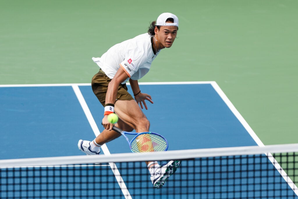 Rei Sakamoto of Japan in action during the Single's qualification match against Nikoloz Basilashvili of Georgia on Day 1 of 2025 Chengdu Open at Sichuan International Tennis Centre on September 16, 2025 in Chengdu, China.