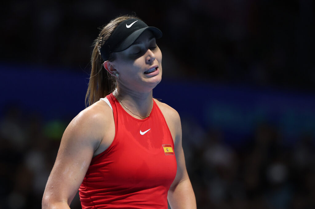 Paula Badosa Gibert of Spain reacts during match 2 against Elina Svitolina of Ukraine in the Billie Jean King Cup by Gainbridge Finals 2025.