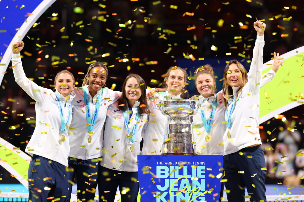 (L-R) Sara Errani, Tyra Caterina Grant, Elisabetta Cocciaretto, Jasmine Paolini, Lucia Bronzetti of Italy and Tathiana Garbin, captain of Italy celebrate winning the Billie Jean King Cup.