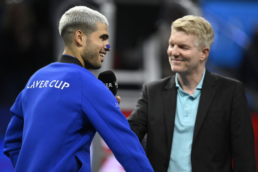 L-R) Carlos Alcaraz of Team Europe is interviewed by former tennis player Jim Courier after defeating Francisco Cerundolo of Team World during day three of Laver Cup 2025 at Chase Center on September 21, 2025 in San Francisco, California.