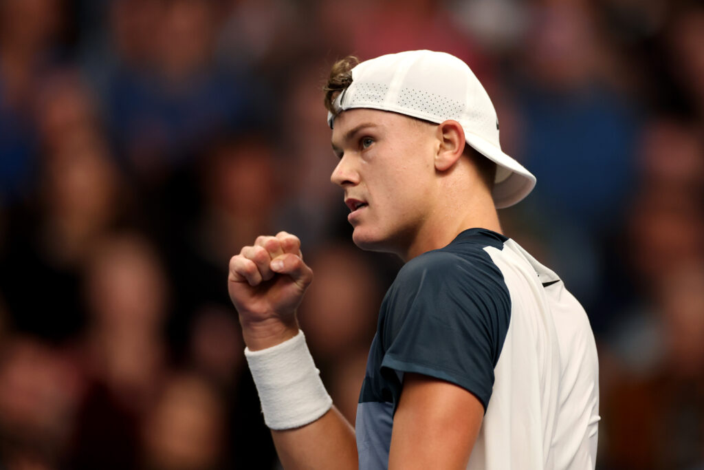 Holger Rune of Denmark celebrates against Ugo Humbert of France during the Men's Singles semi-final match on day eight of the BNP Paribas Nordic Open 2025 at Royal Tennis Hall on October 18, 2025 in Stockholm, Sweden.