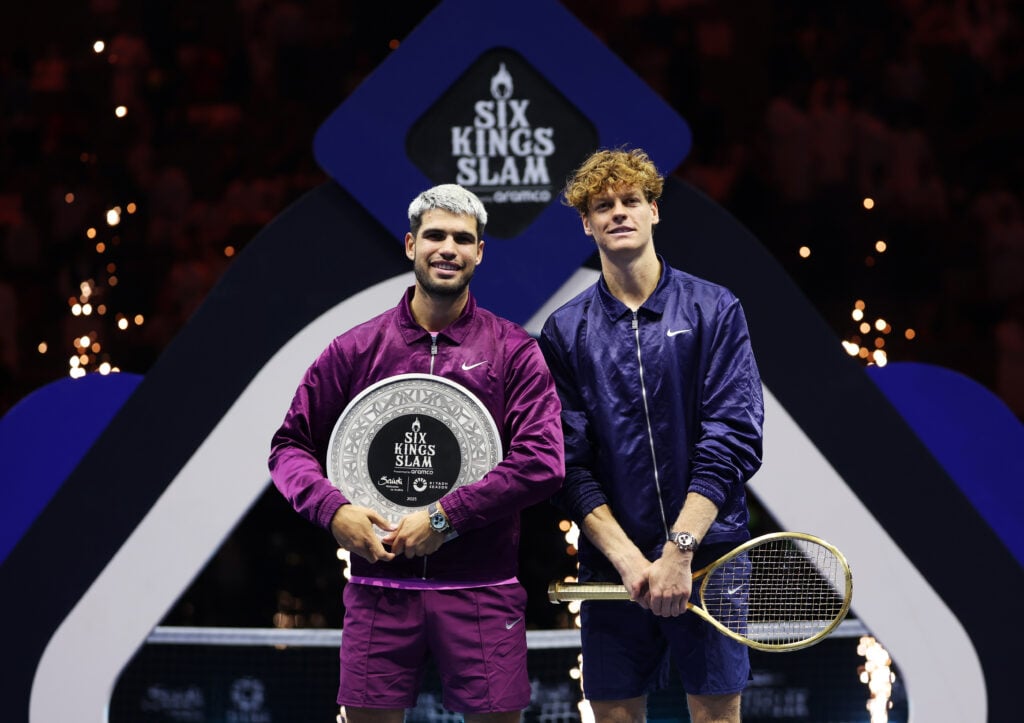 Jannik Sinner and Carlos Alcaraz pose for a pictured together after the 2025 Six Kings Slam final