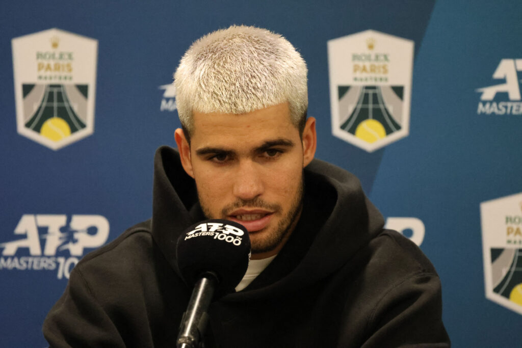 World number one Carlos ALCARAZ at a press conference after his defeat in his first match at the Rolex Paris Masters 2025 at the Defense Arena in France on October 28, 2025. The Rolex Paris Masters is the last ATP 1000 tournament of the season.