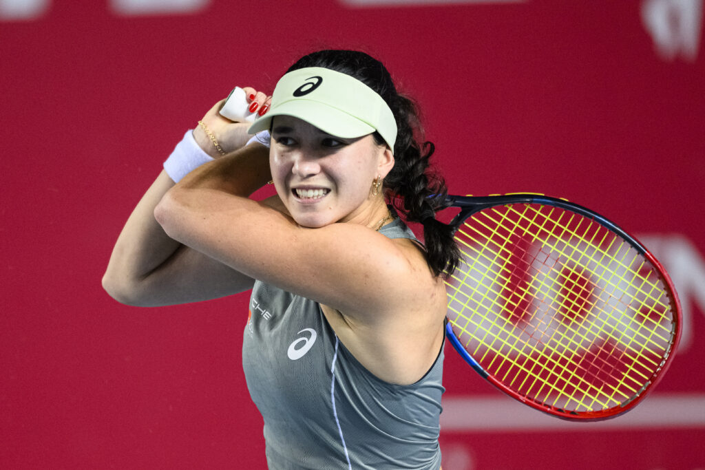 Eva Lys of Germany plays a backhand against Leylah Fernandez of Canada during the women's singles round of 16 matches on day three of the Prudential Hong Kong Tennis Open at Victoria Park on October 29, 2025 in Hong Kong, China.