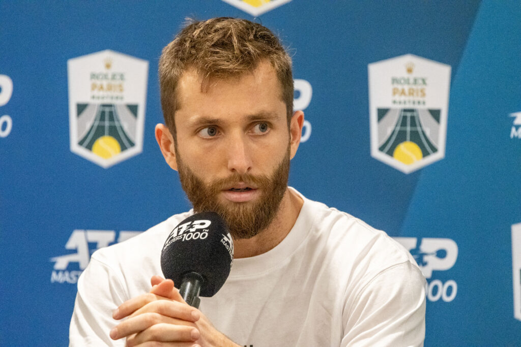 French player Corentin Moutet at a press conference after his defeat against Kazakh Alexander Bublik at the Rolex Paris Masters 2025 at the Paris La Defense Arena