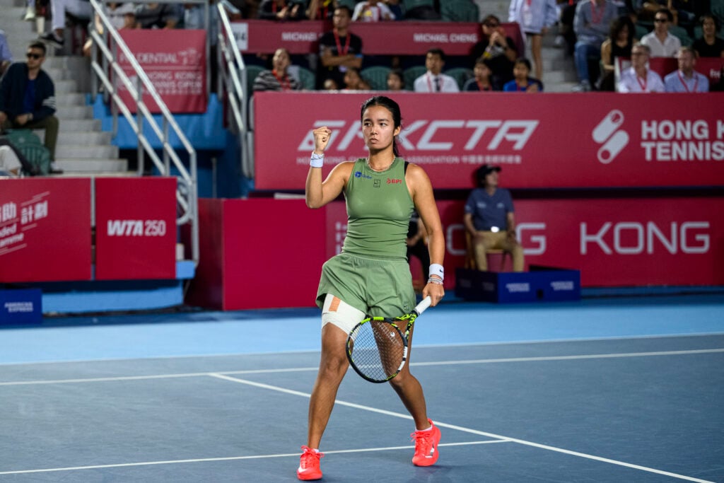 Alexandra Eala of Philippines celebrates a game won against Victoria Mboko of Canada during the women's singles round of 16 matches on day four of the Prudential Hong Kong Tennis Open at Victoria Park on October 30, 2025 in Hong Kong, China.