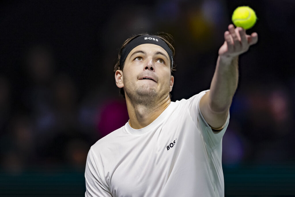 Taylor Fritz of the United States serves the ball against Alexander Bublik of Kazakhstan during the Day Four of the Rolex Paris Masters 2025 on October 30, 2025.