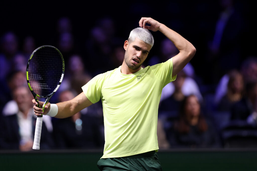Carlos Alcaraz of Spain reacts during the second round match against Cameron Norrie of Great Britain on day two of the Rolex Paris Masters 2025