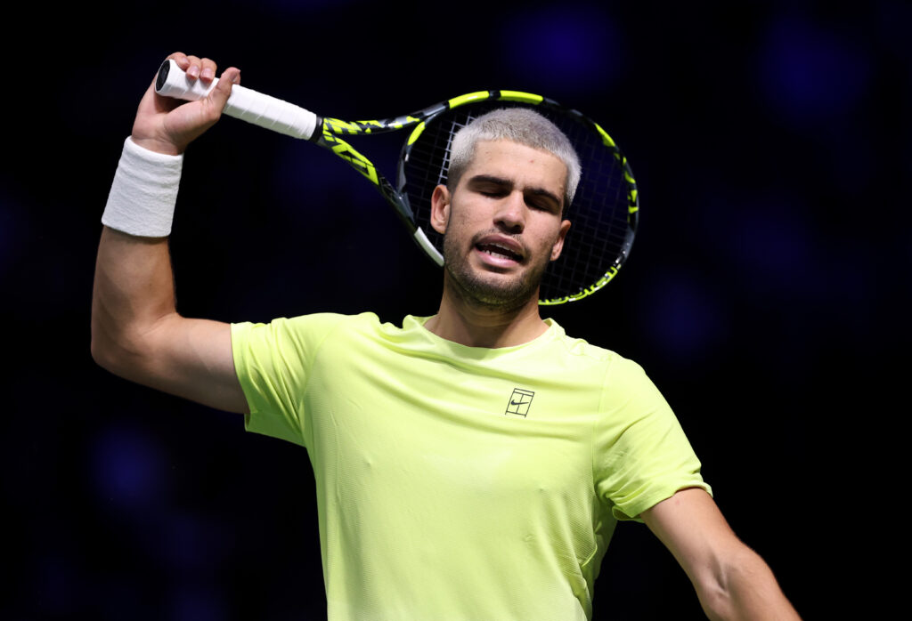Carlos Alcaraz of Spain against Cameron Norrie of Great Britain on day two of the Rolex Paris Masters 2025