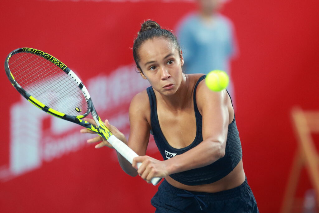 Leylah Fernandez of Canada in action against Victoria Mboko of Canada during the women's singles semi-finals matches on day six of the Prudential Hong Kong Tennis Open at Victoria Park on November 1, 2025 in Hong Kong, China.