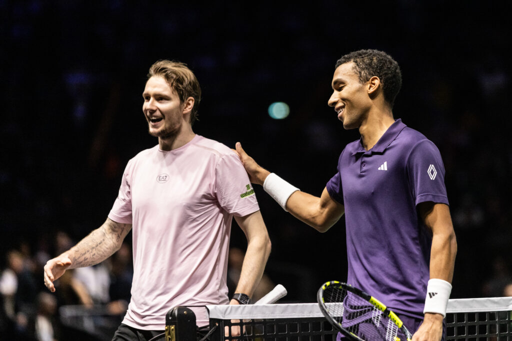 Felix Auger-Aliassime (CAN) plays against Alexander Bublik (KAZ) in the men's singles semi-final match on day six of the Paris ATP Masters 1000 tennis tournament at the Paris La Defense Arena