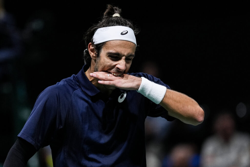 Lorenzo Musetti of Italy reacts in the Men's Singles Second Round match against Lorenzo Sonego of Italy during day three of the Rolex Paris Masters 2025