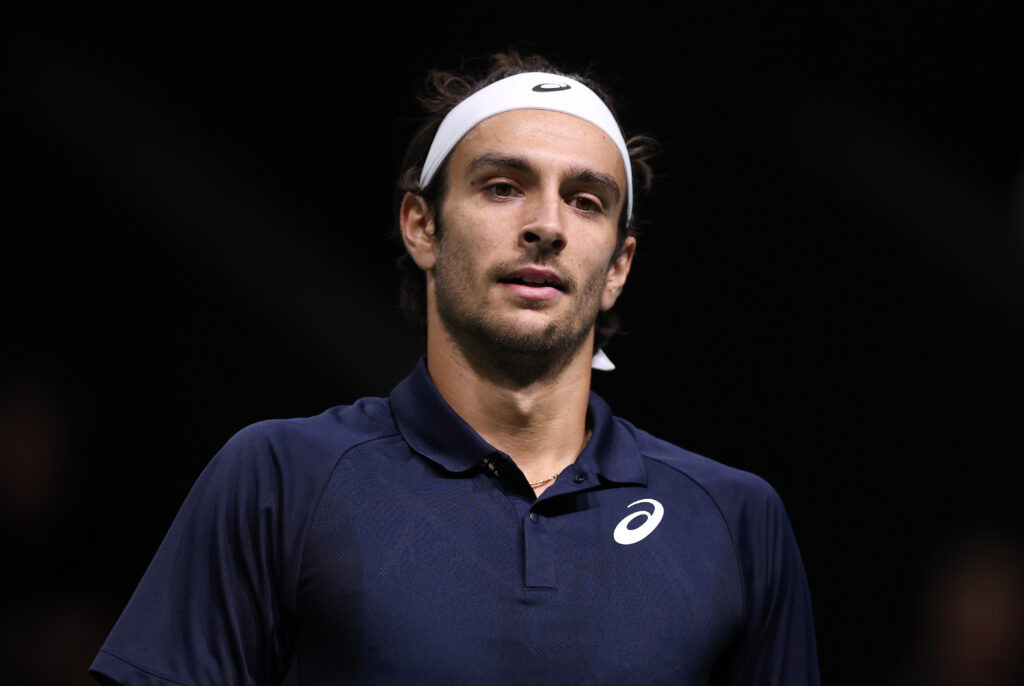 Lorenzo Musetti of Italy against Lorenzo Sonego of Italy during day three of the Rolex Paris Masters 2025 on October 29, 2025 in Nanterre, France.
