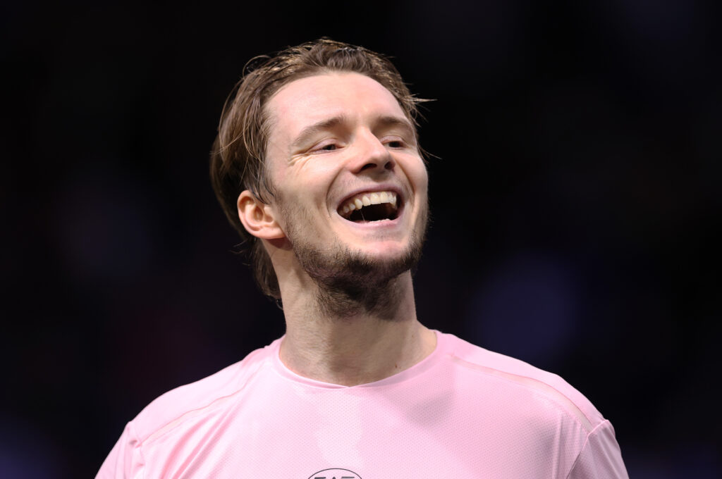 Alexander Bublik of Kazakhstan against Corentin Moutet of France during day three of the Rolex Paris Masters 2025